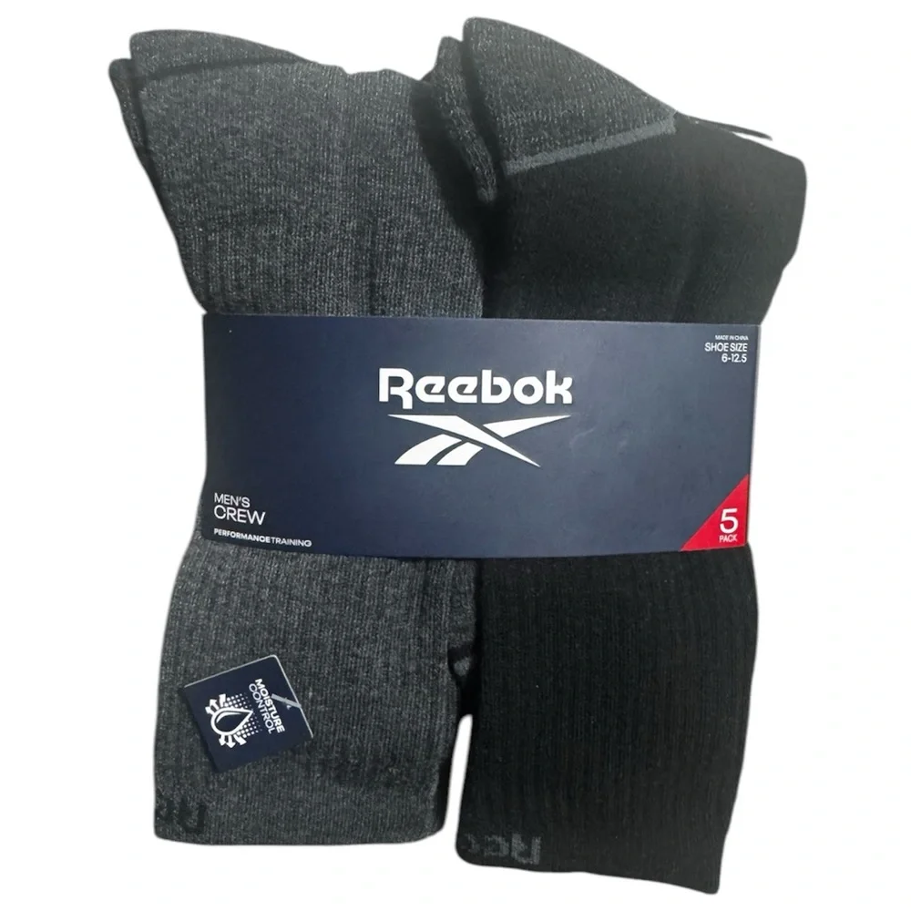 Reebok High Crew Socks - 5Pk Blk, Gray, White Performance Training Size 6-12